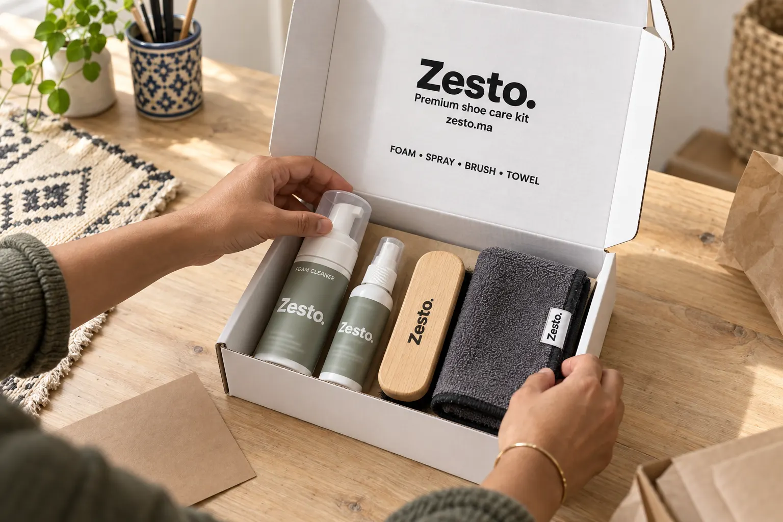 Illustration de la préparation manuelle d’un Pack Complet Zesto. au Maroc.
