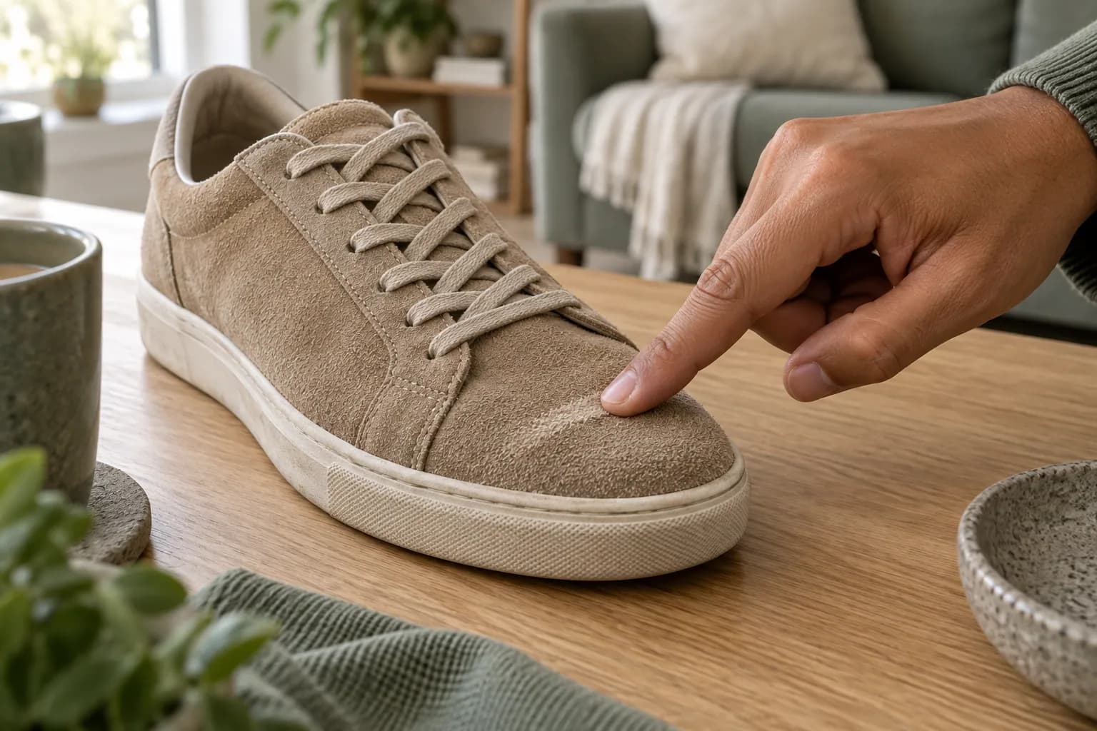 Un doigt trace une ligne sur une basket en daim : le poil se couche et change de teinte.