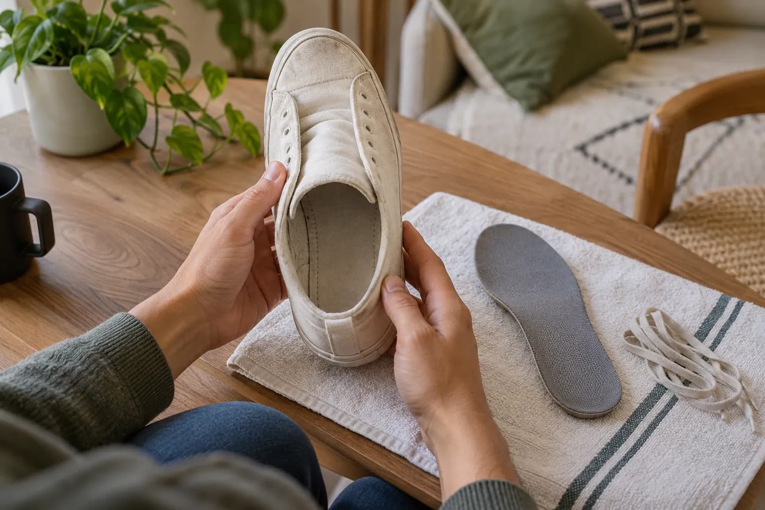 Des mains examinent une basket claire sans lacets au-dessus d’une serviette, avec une semelle grise retirée à côté.
