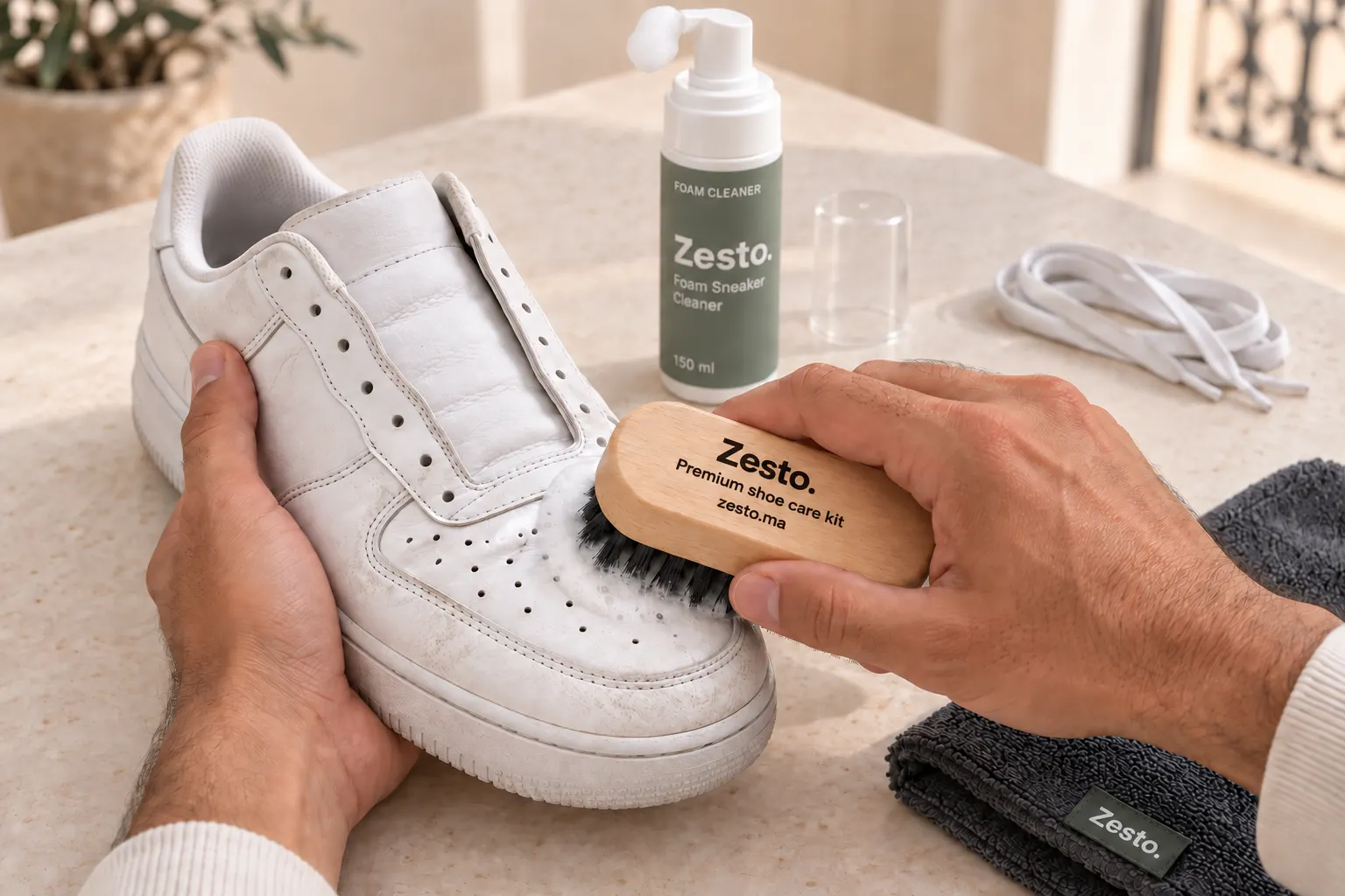 Illustration d’une brosse Zesto. utilisée avec une petite quantité de mousse sur une basket blanche.