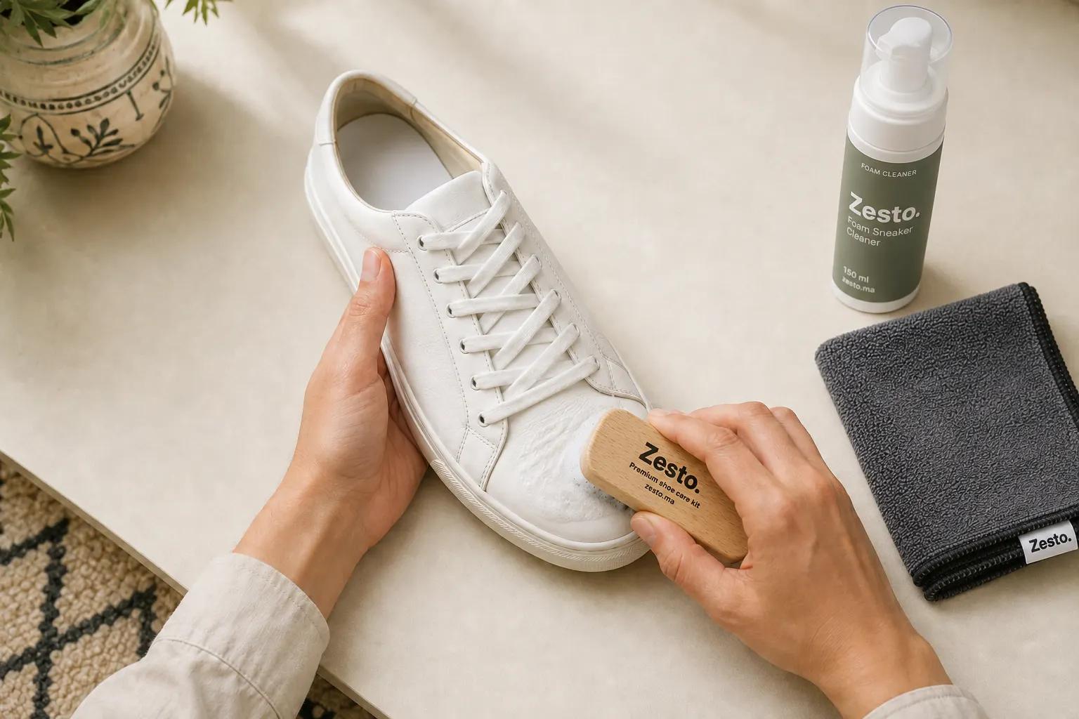 Deux mains nettoient doucement le bout d’une basket blanche avec une brosse en bois sans manche et une mousse légère.