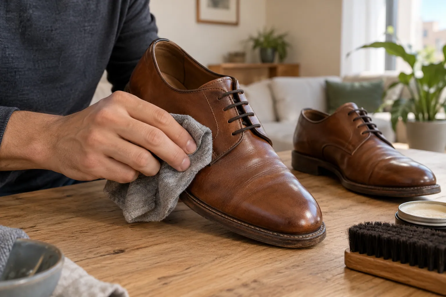 Une main passe un chiffon doux sur l’avant d’une chaussure en cuir lisse marron, posée sur une table claire.