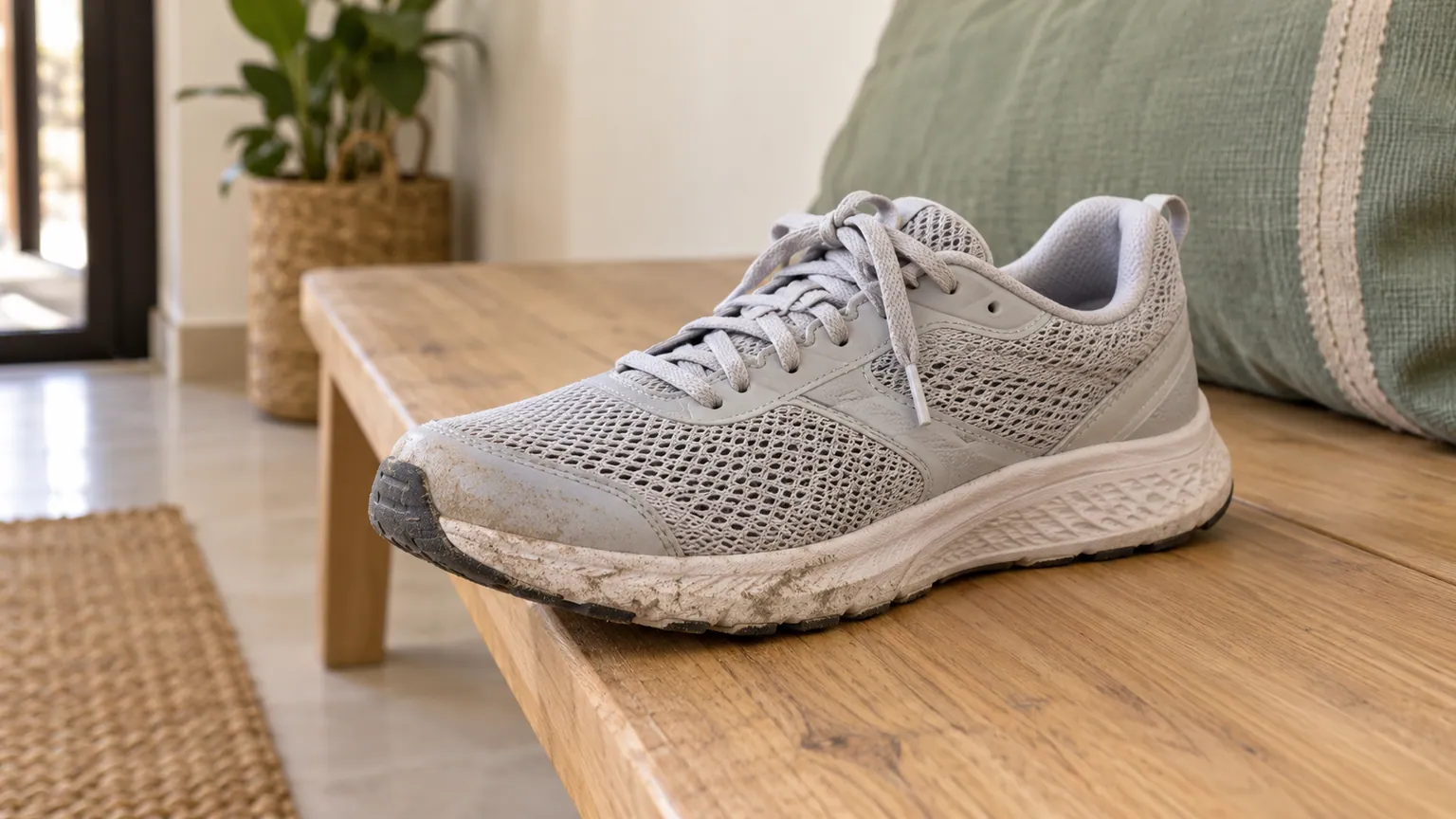 Chaussure de running grise en mesh, avec des traces de poussière sur l’avant et la semelle, posée sur un banc en bois.