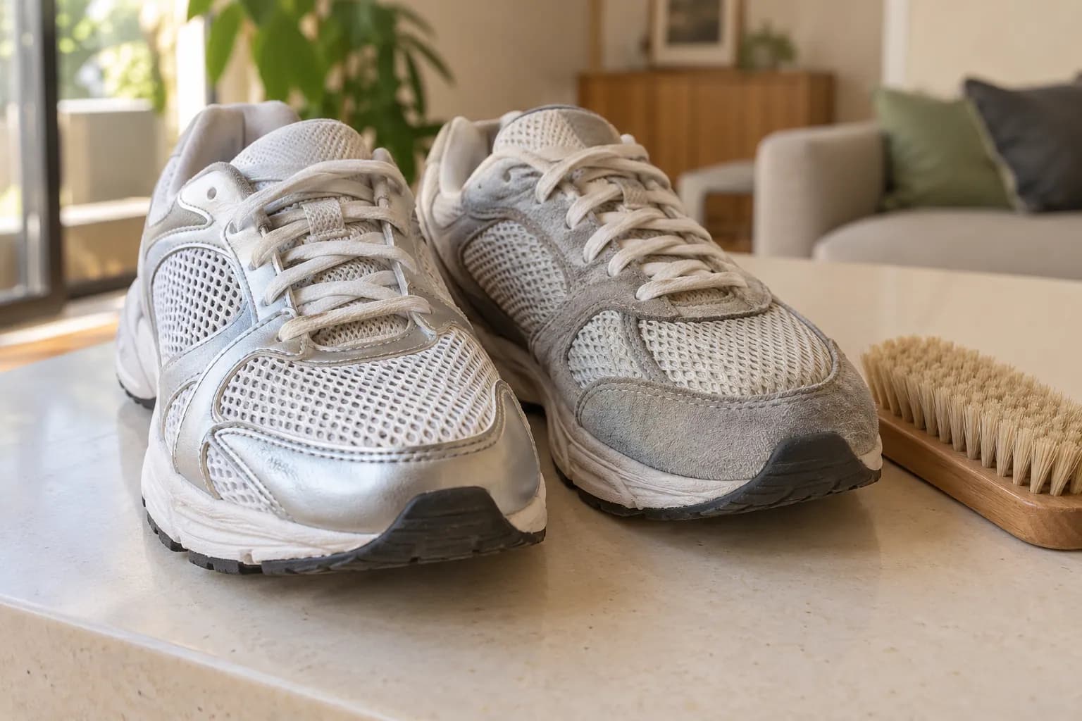 Deux baskets sans marque montrent des empiècements synthétiques et en daim autour de la maille, près d’une brosse.
