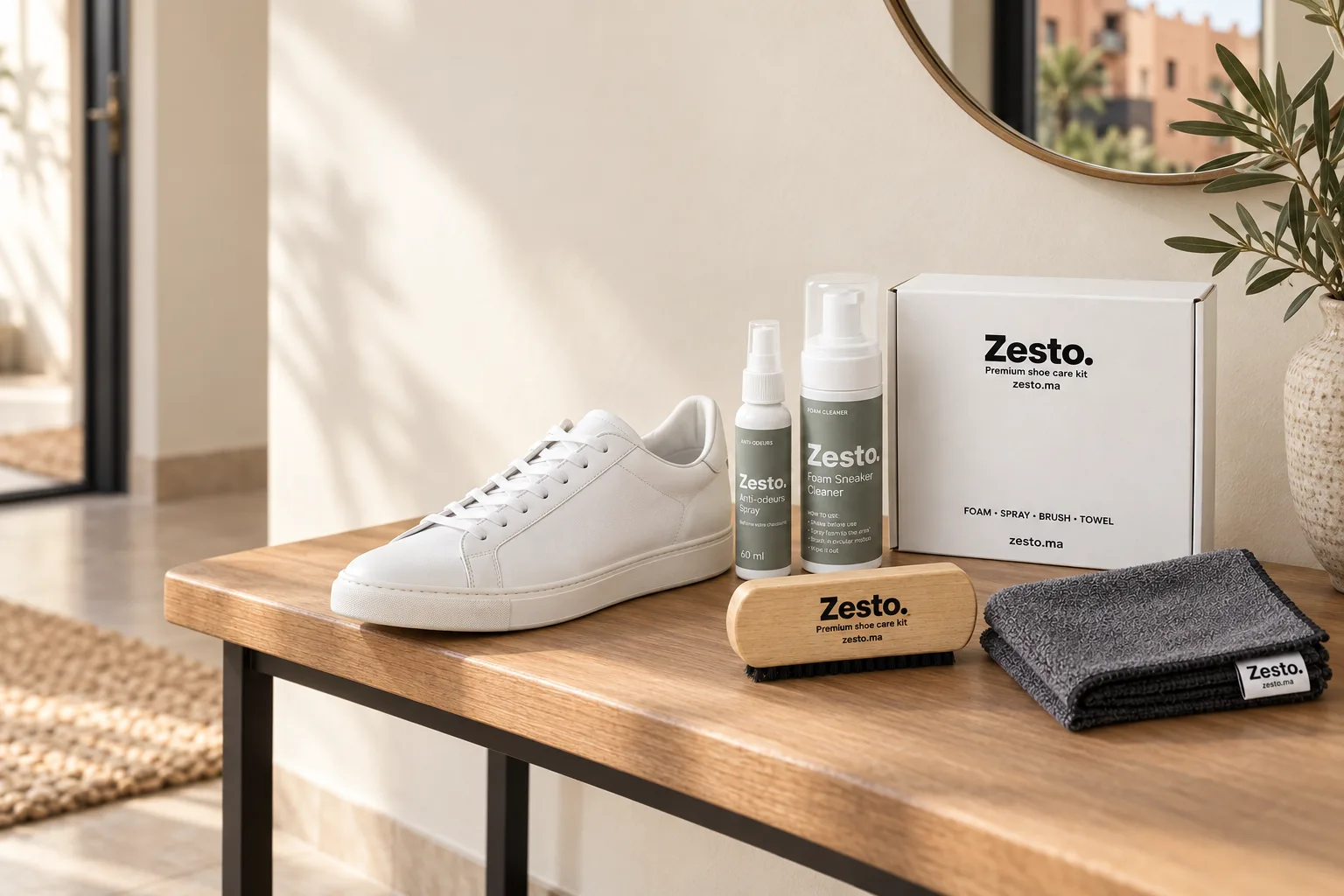 Illustration éditoriale d’une sneaker blanche à côté du Pack Complet Zesto. dans une entrée lumineuse.