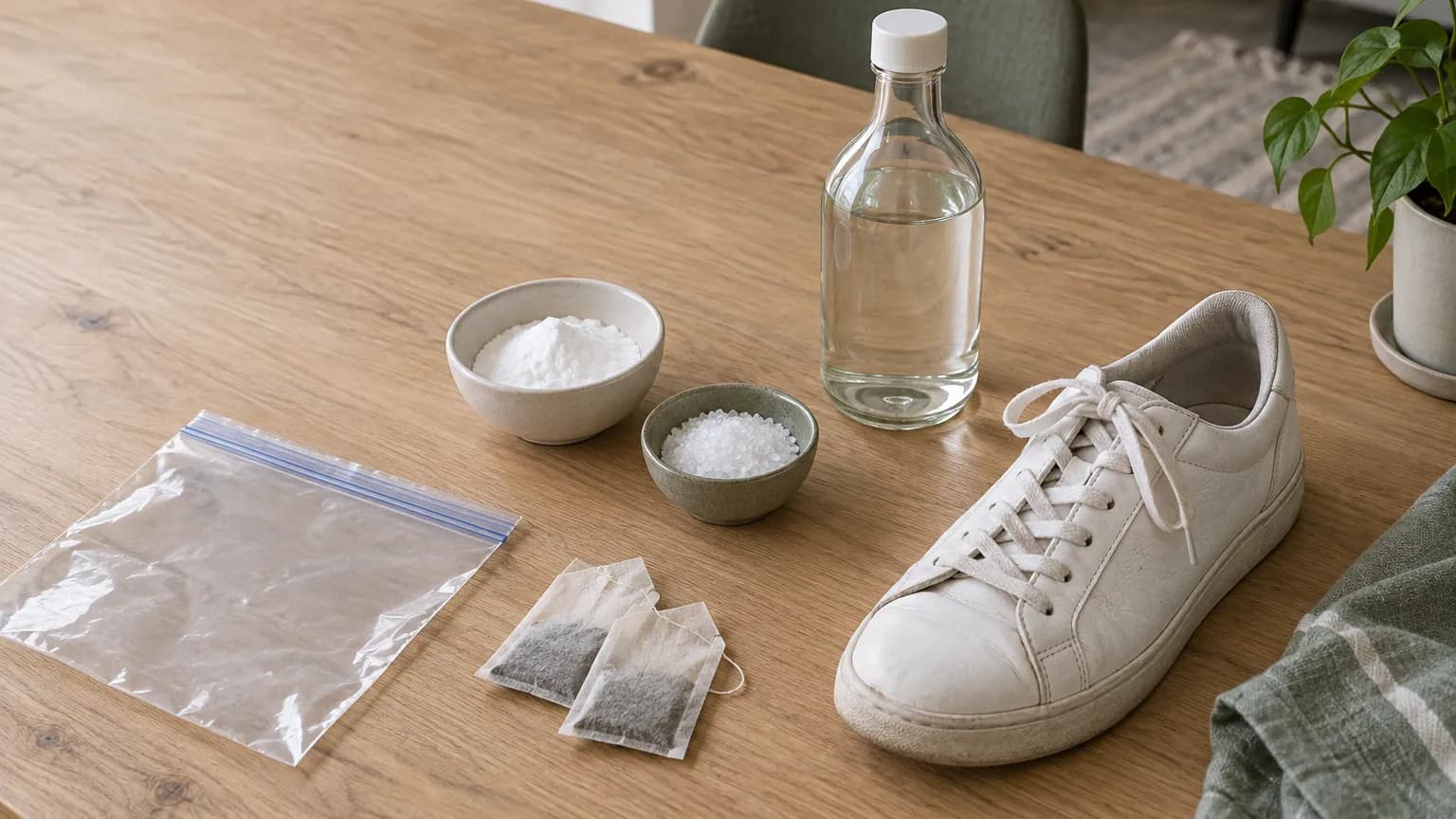 Bicarbonate, sel, vinaigre blanc et sachets de thé à côté d’une basket blanche.