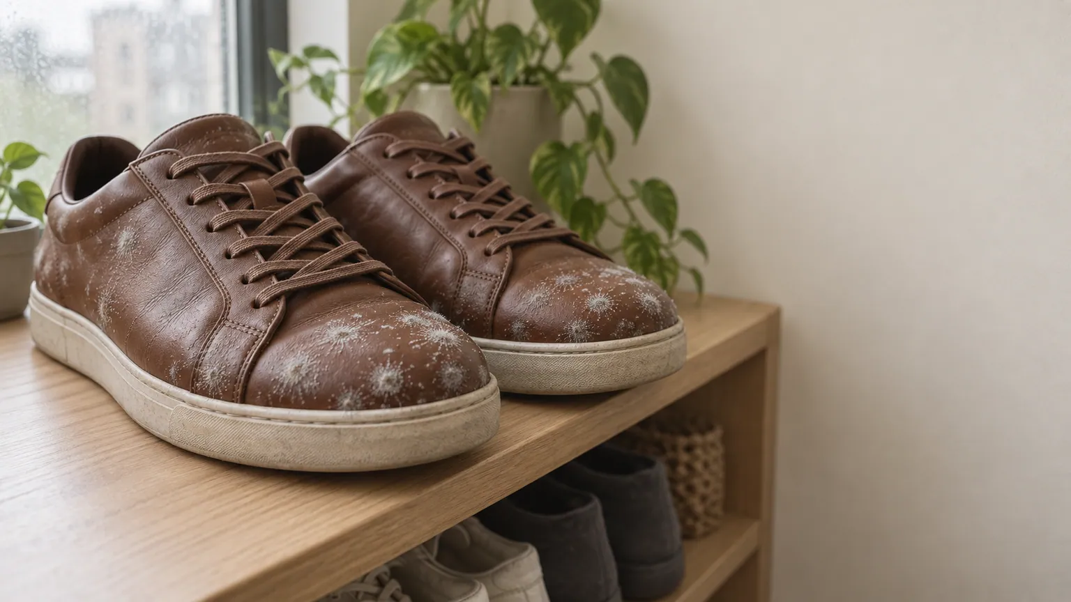 Des baskets en cuir marron avec de petites taches blanches de moisissure.