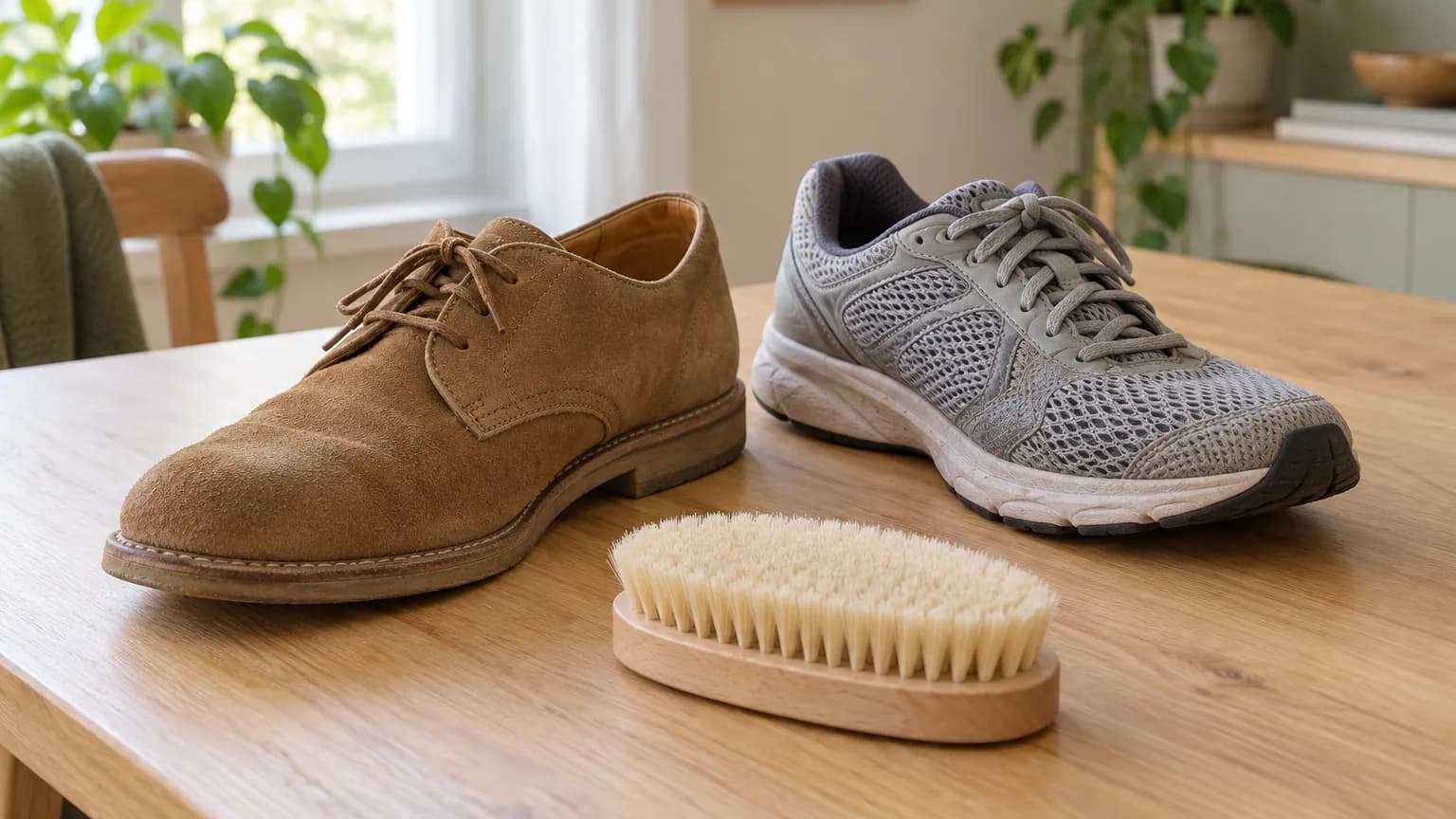 Une brosse claire devant une chaussure en daim brun et une basket en mesh gris.