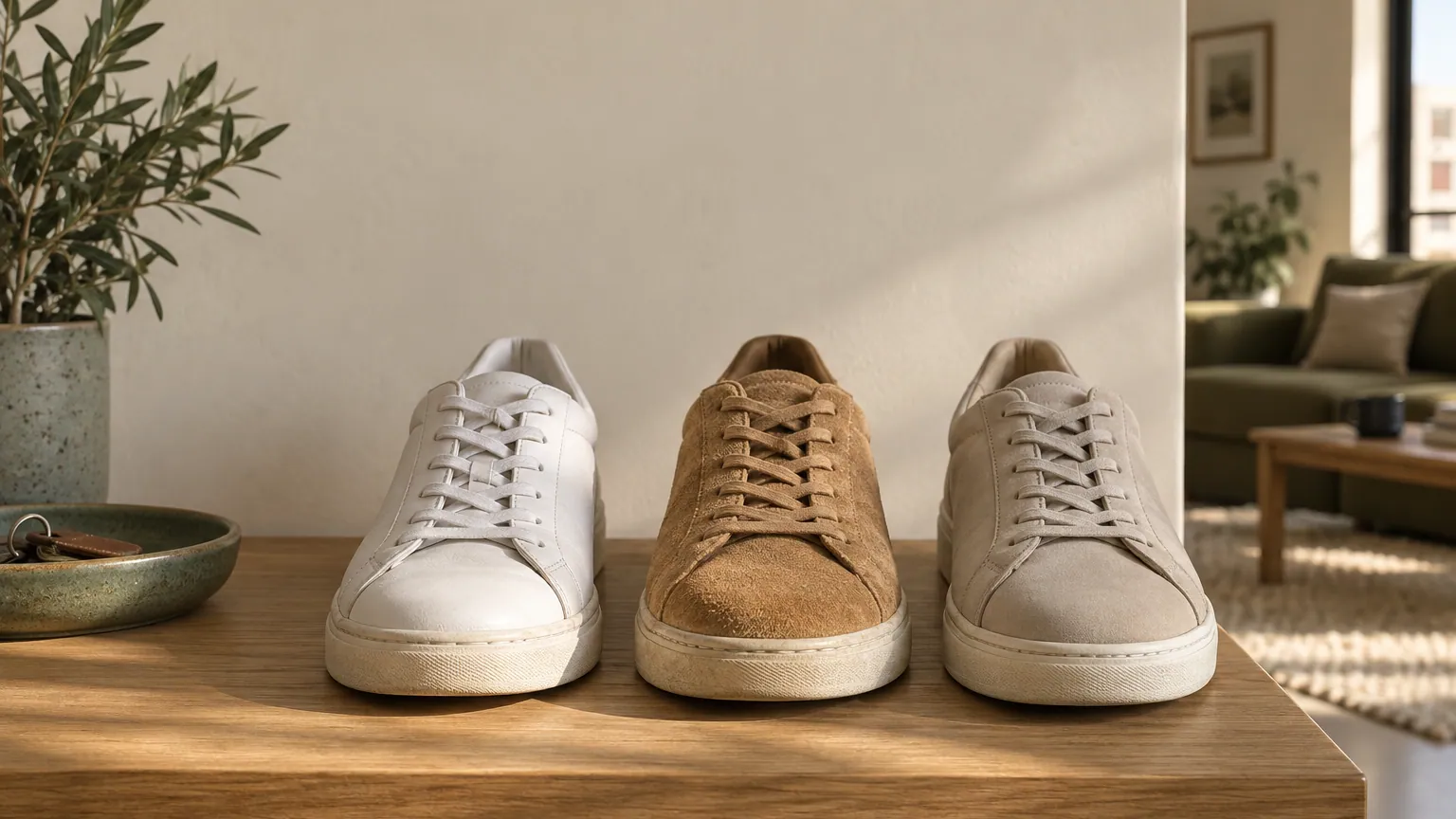 Trois baskets côte à côte en cuir lisse, daim et nubuck.