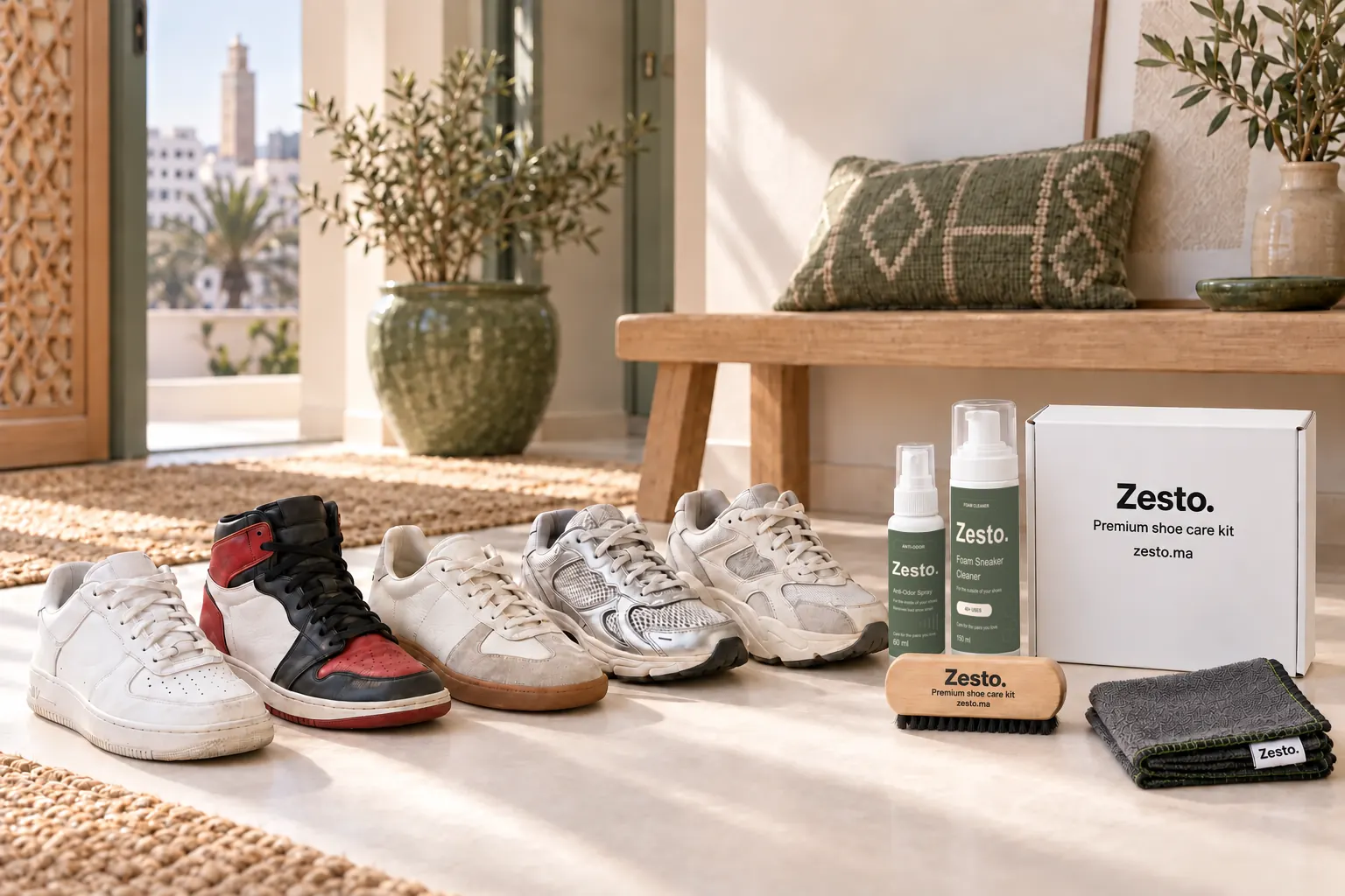 Plusieurs styles de baskets à côté des quatre accessoires et de la boîte Zesto. dans une entrée.