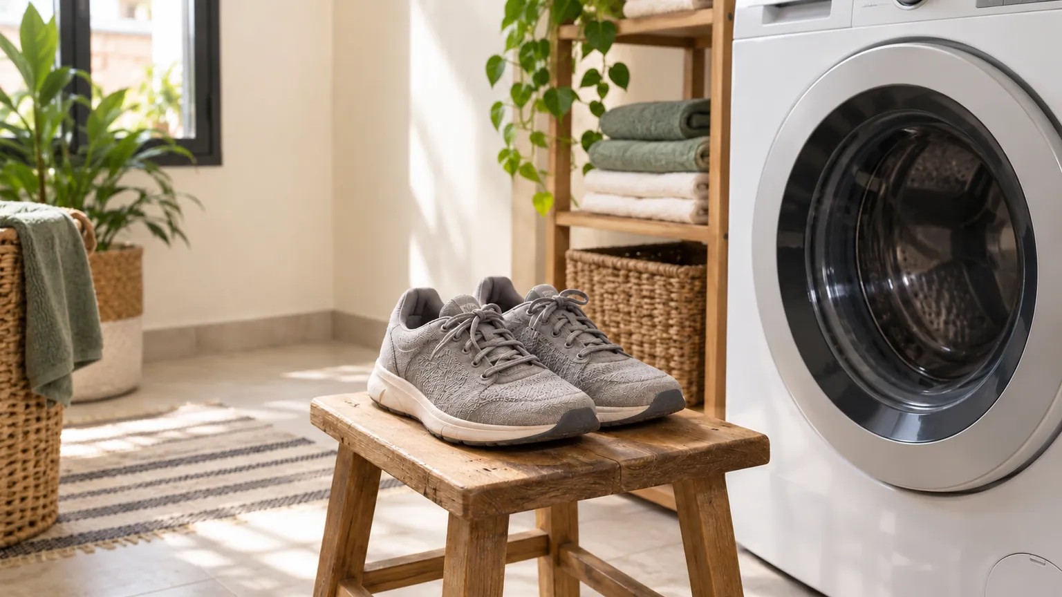 Des baskets grises en textile sur un tabouret en bois, à côté d’un lave-linge fermé dans une pièce lumineuse.