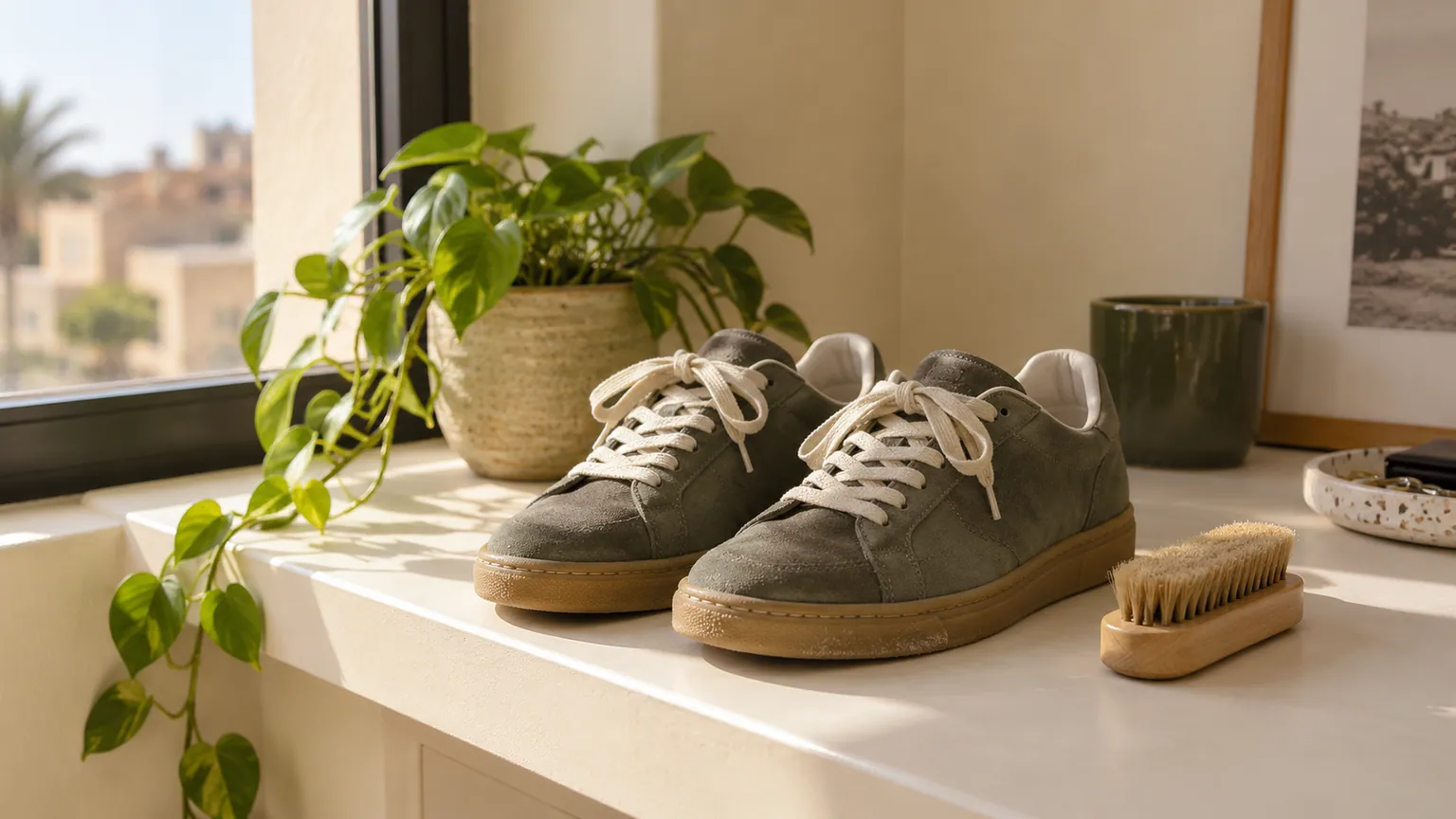 Des baskets basses sans marque en daim gris olive, avec des lacets crème et une brosse sur une étagère claire.