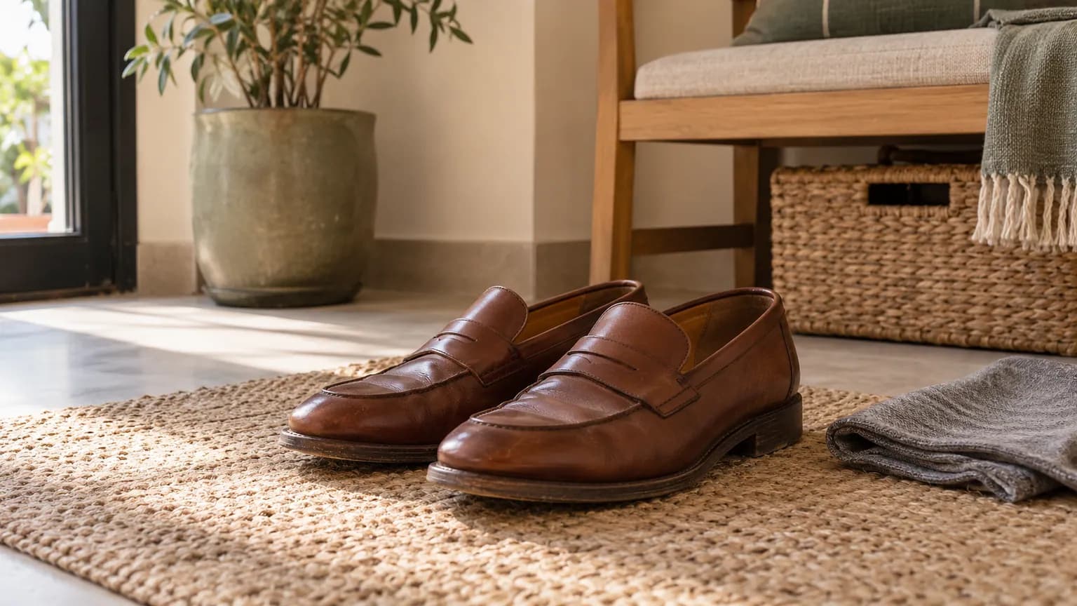Des mocassins cognac en cuir lisse, légèrement portés, sur un tapis près d’un banc en bois à l’entrée.
