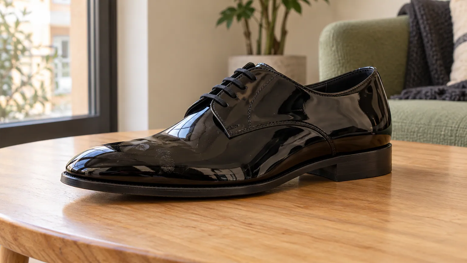 Chaussure noire vernie à lacets, avec des traces de doigts sur l’avant et le reflet d’une fenêtre.