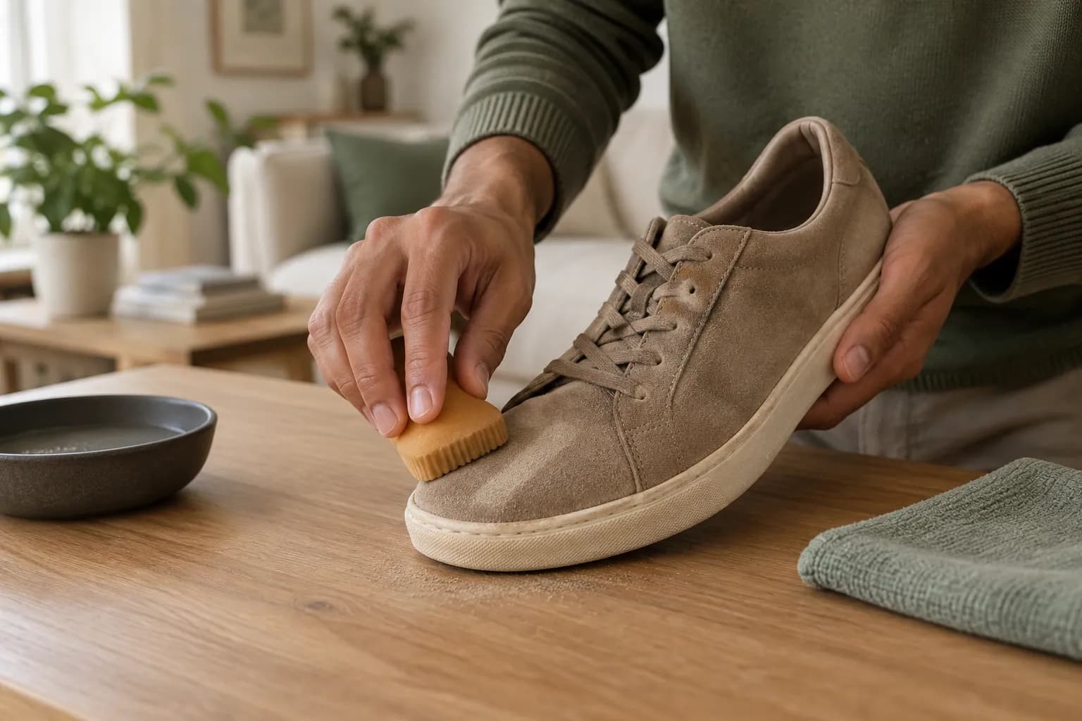 Une main brosse à sec le bout d’une basket en daim, dans un seul sens, pour relever le poil.