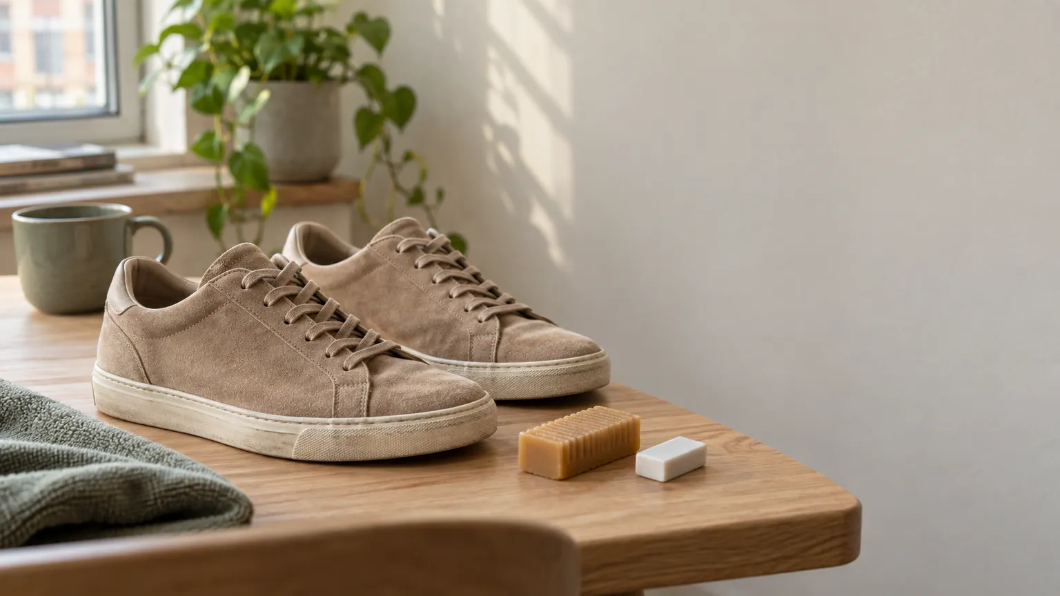 Baskets en daim beige avec une brosse en crêpe et une gomme à daim.