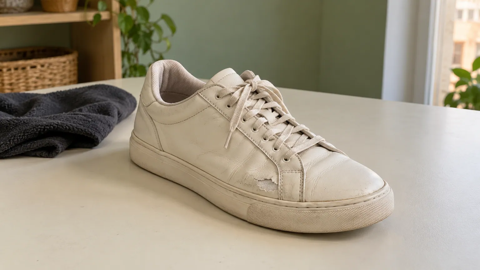 Basket claire en simili cuir avec une petite zone de finition qui pèle sur le côté, près d’un chiffon gris.