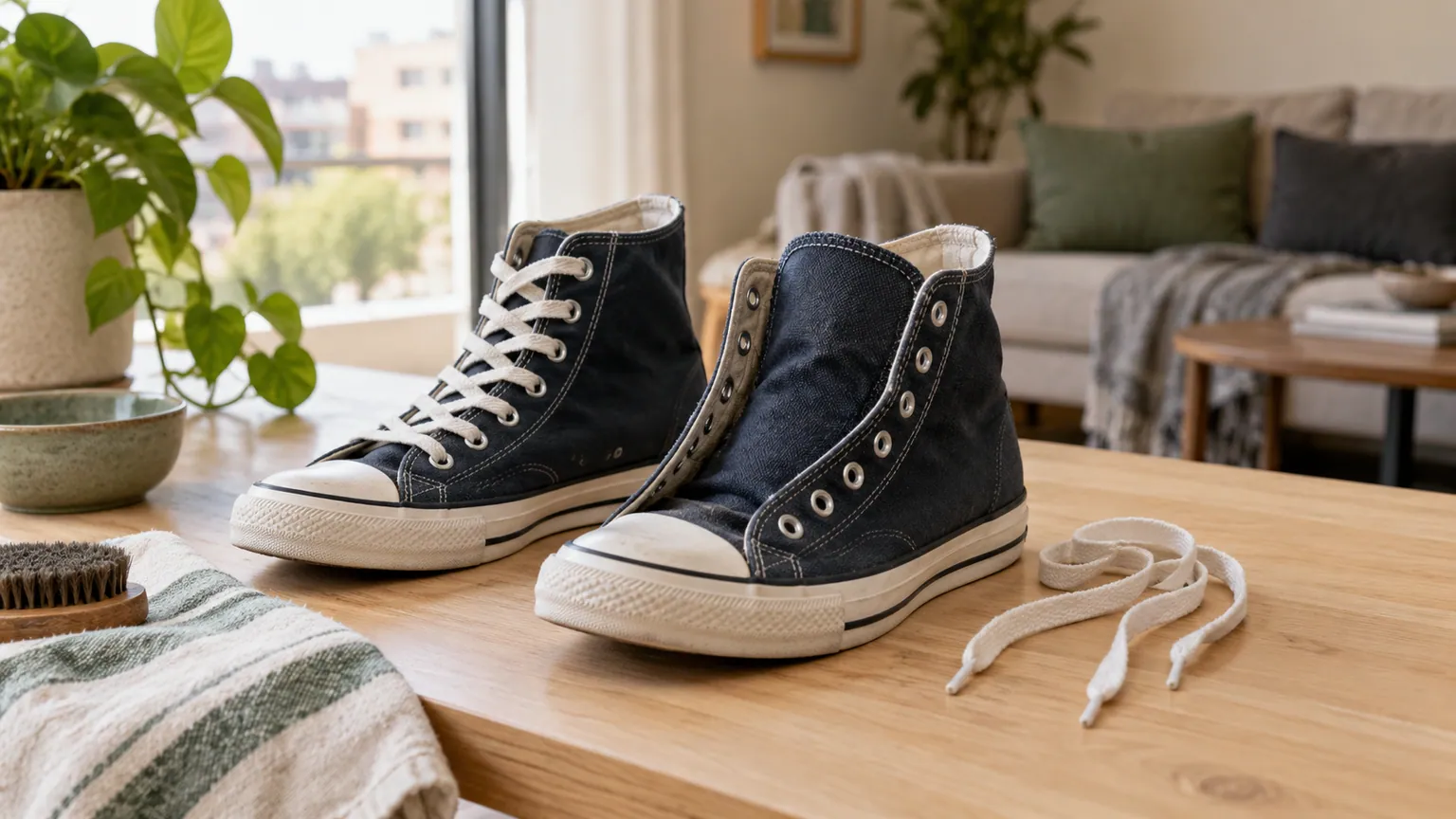 Des baskets montantes sans marque en toile bleu marine, avec des lacets retirés sur une table en bois clair.