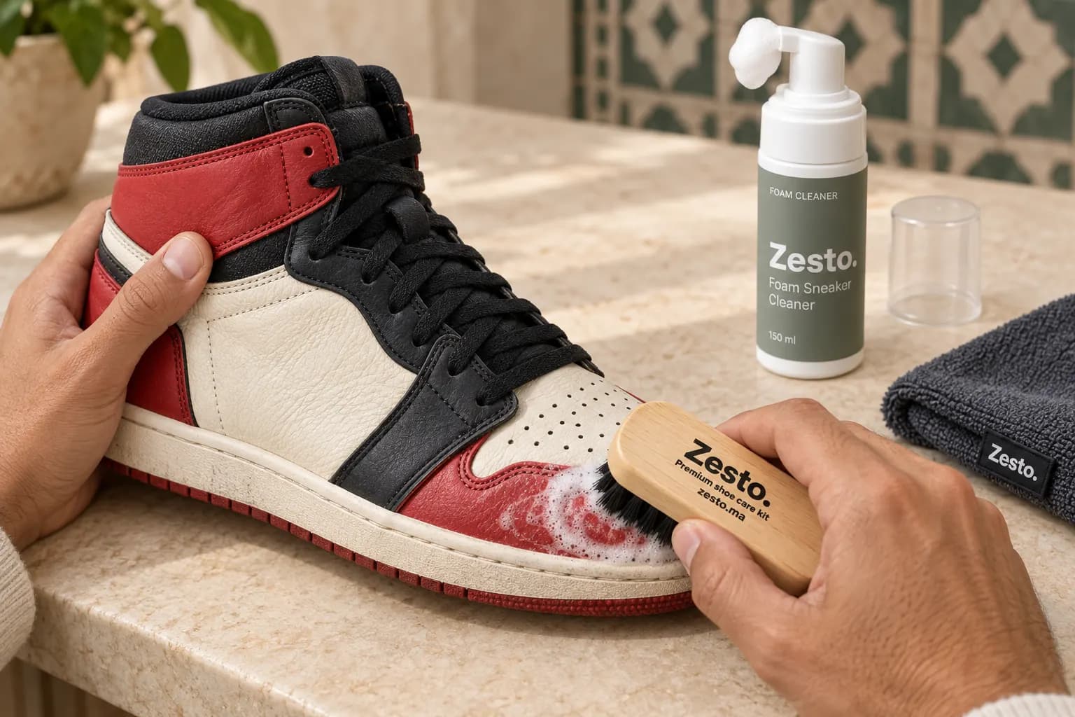 Illustration du nettoyage localisé d’un panneau rouge sur une basket montante avec la brosse Zesto.