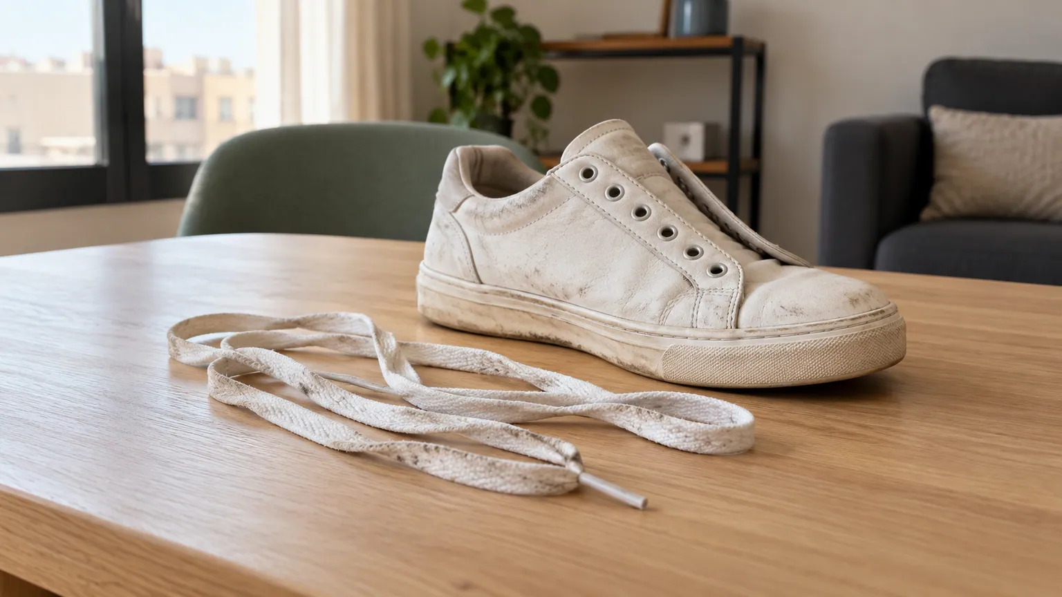 Lacets blancs retirés et posés sur une table en bois devant une basket blanche sans lacets.