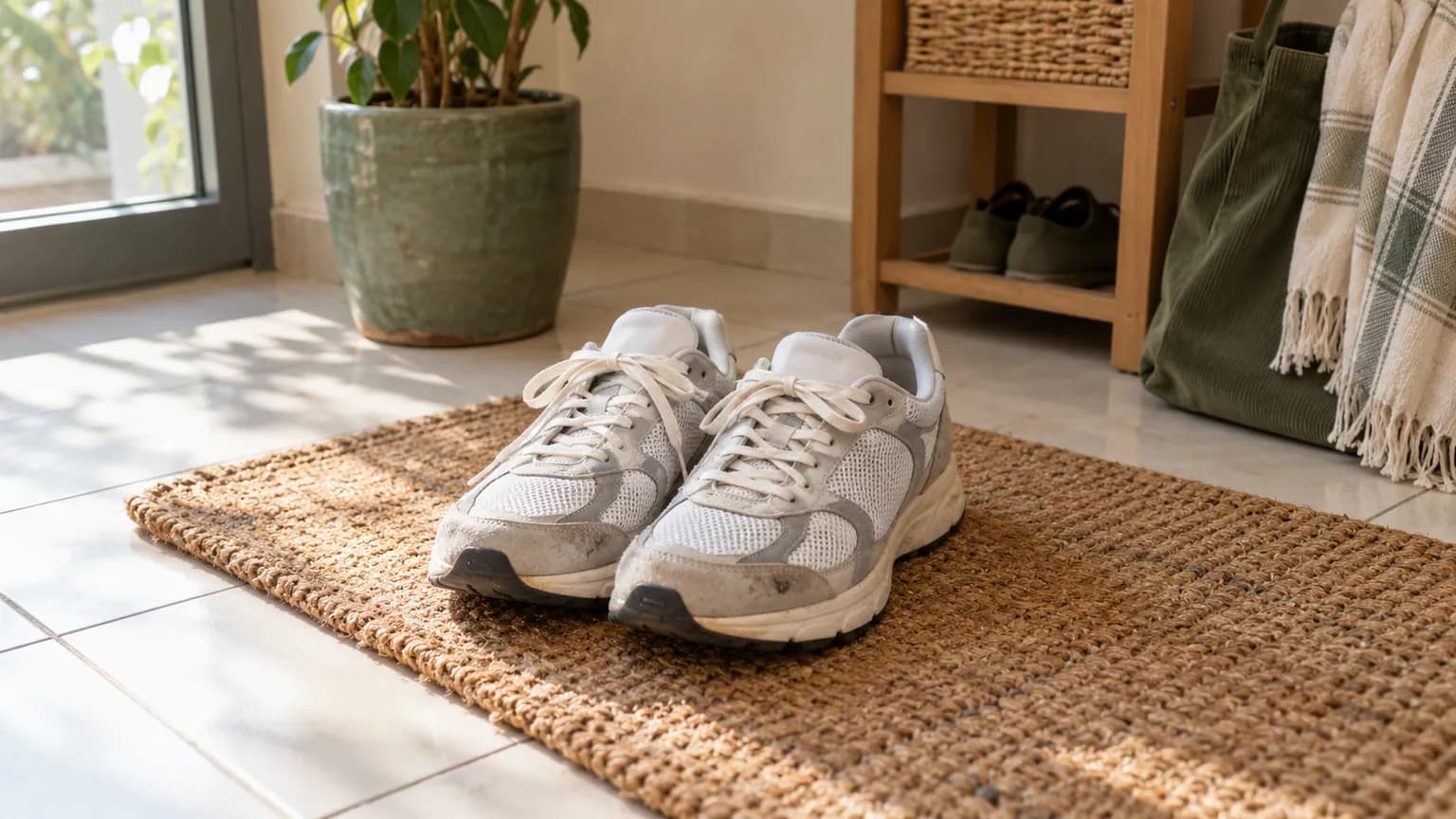 Des baskets de running sans marque en maille claire et empiècements gris, sur un tapis dans une entrée.