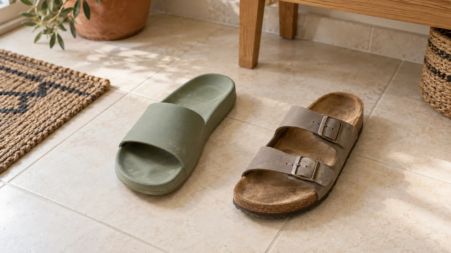 Claquette moulée vert sauge à côté d’une sandale à deux brides, avec un lit de pied brun et un bord en liège.