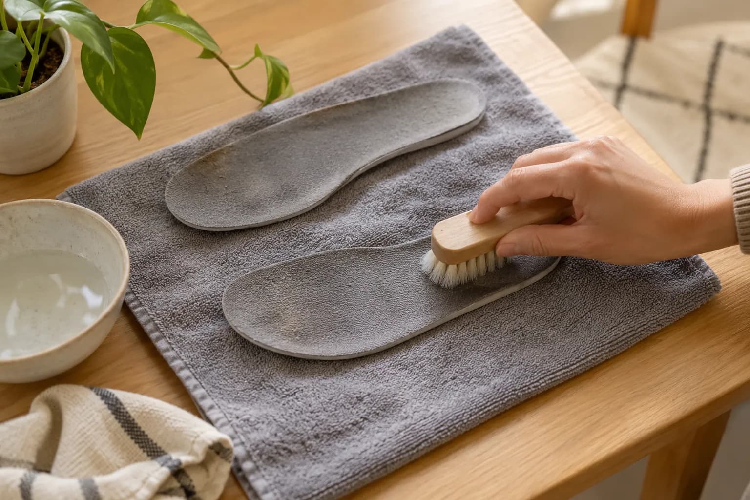Une main nettoie à la brosse souple une semelle textile grise, posée sur une serviette près d’une seconde semelle.