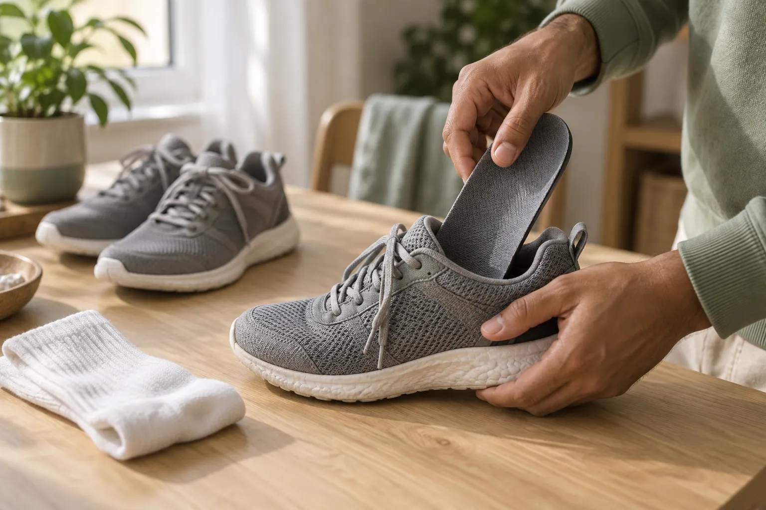 Deux mains retirent la semelle intérieure d’une basket pour la laisser sécher, une seconde paire au repos derrière.