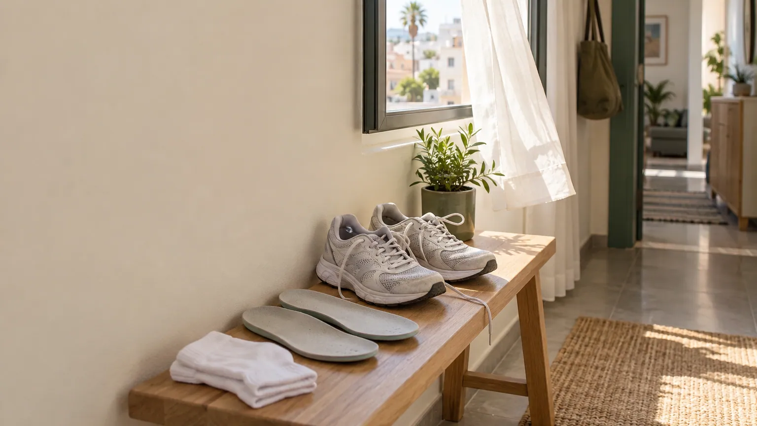 Une paire de baskets aérée près d’une fenêtre, semelles intérieures sorties.