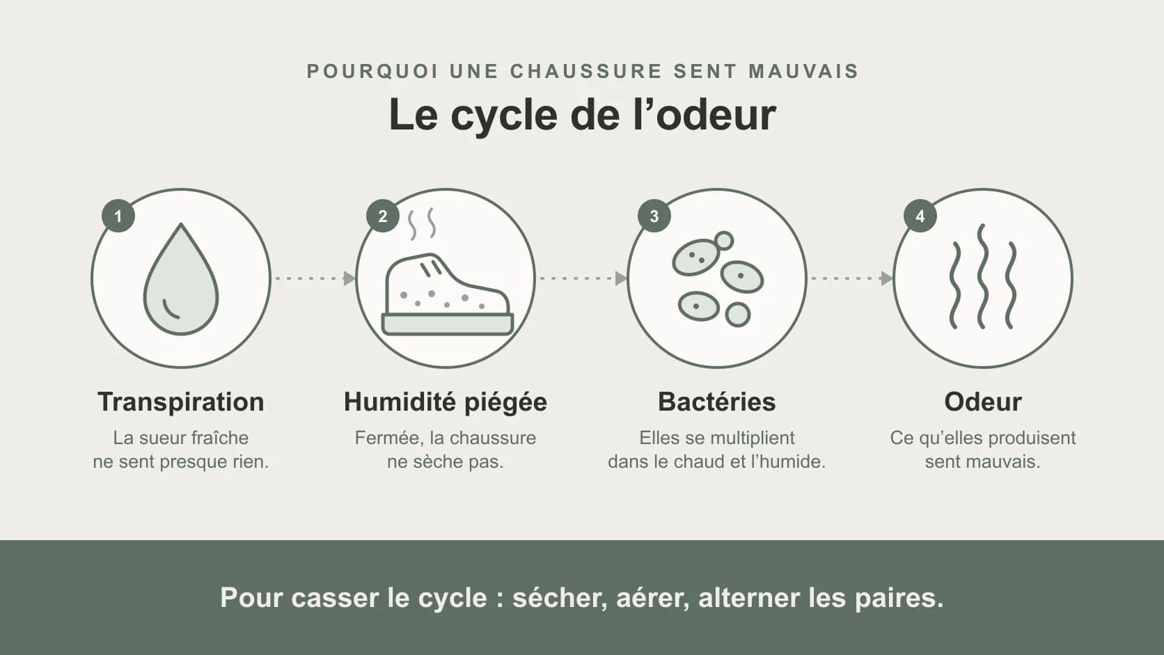 Schéma du cycle de l’odeur dans une chaussure.