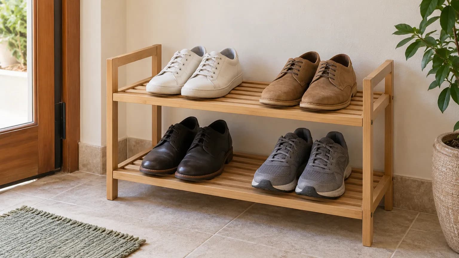 Quatre paires de chaussures espacées sur une étagère ouverte en bois dans une entrée.