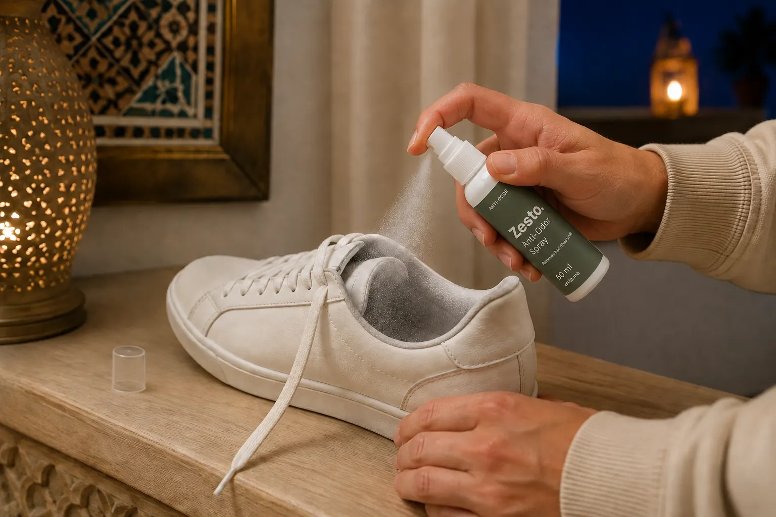 Une personne vaporise légèrement du spray Zesto. à l’intérieur d’une basket ouverte le soir.