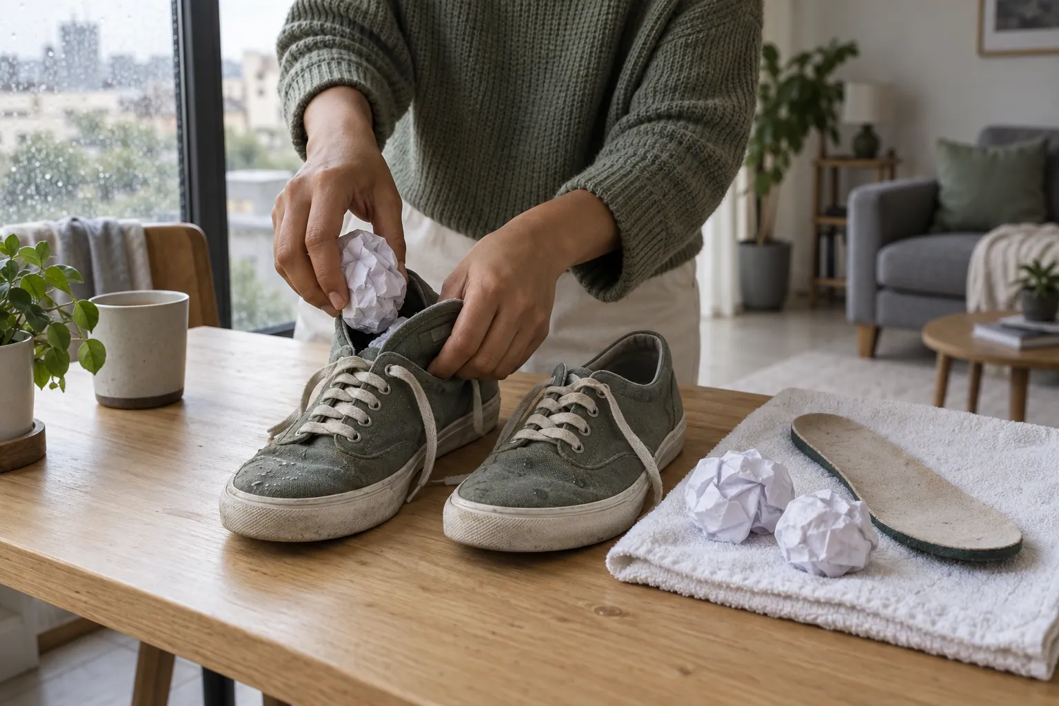 Deux mains glissent du papier blanc froissé dans une basket mouillée, semelle intérieure retirée à côté.