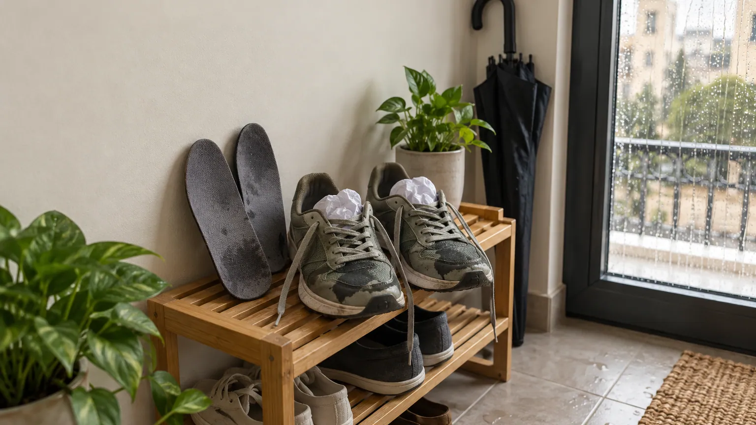 Des baskets mouillées sur une étagère, papier blanc froissé à l’intérieur.